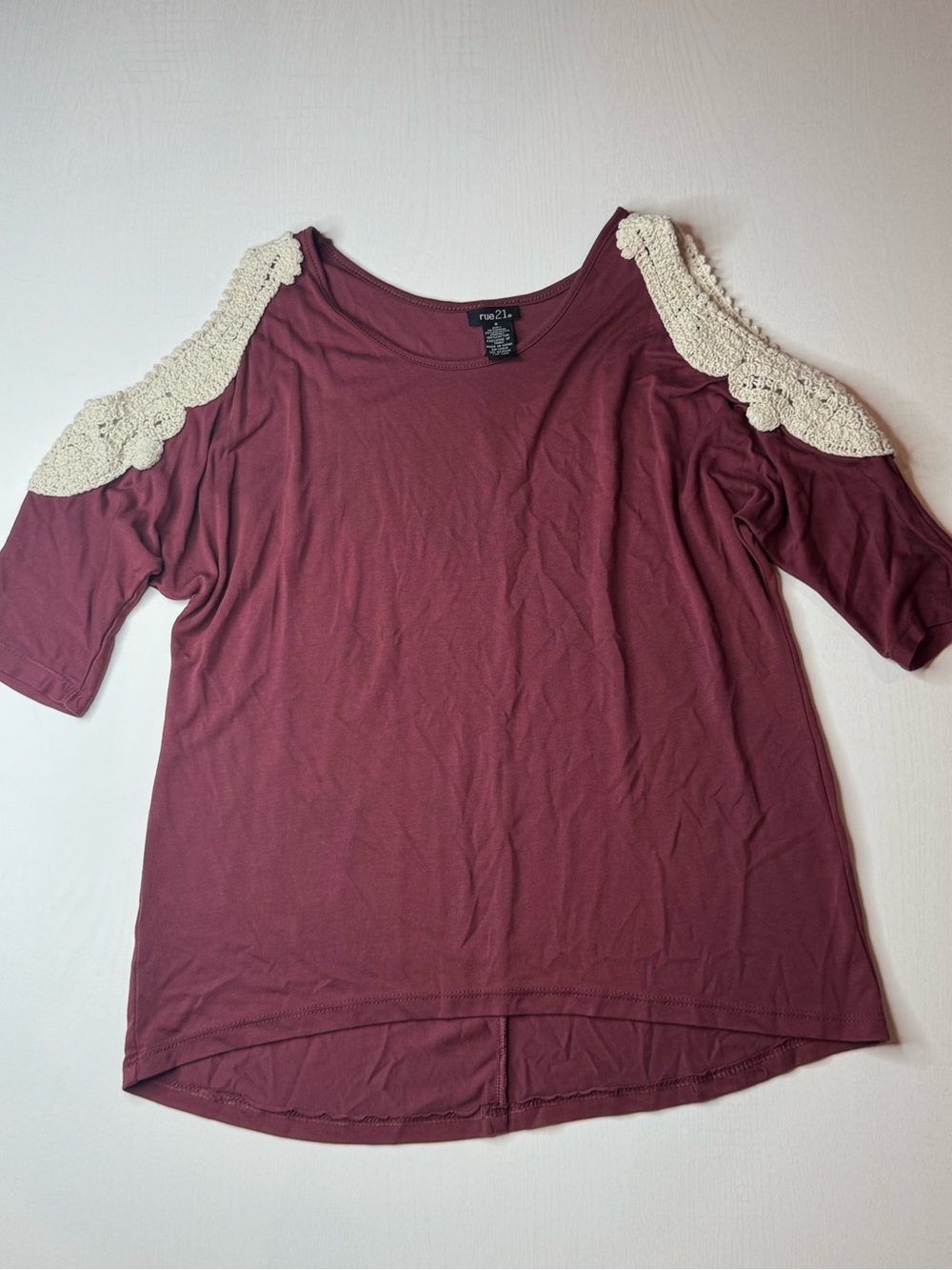 Rue21 Wine Cold-Shoulder Top with Cream Crochet Accents